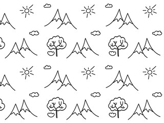 Black and white monochrome seamless doodle pattern, mountains,trees,sun,nature