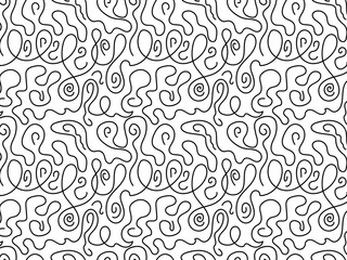 Black and white monochrome seamless doodle pattern, abstract chaotic curve