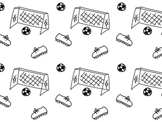 Black and white monochrome seamless doodle pattern, soccer,goal,ball,cleats