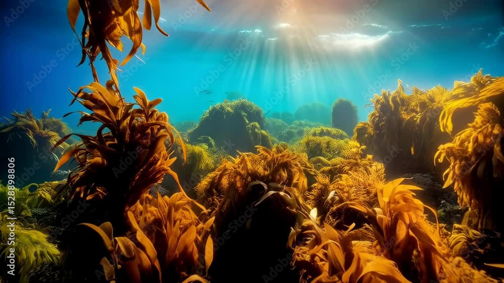 Aufkleber underwater scene of golden kelp forest with sunlight piercing the surface, creating a serene and vib