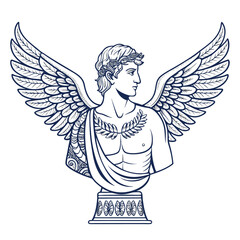 A detailed image of a sculpted torso, adorned with intricately carved ancient-style tattoos and majestic feathered wings.  High resolution, realistic rendering.