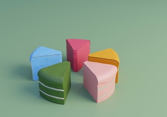 3D Cake pieces of different colors arranged in a circle. Diversity Equity Inclusion Belonging concept. Metaphor of equality and teamwork. Minimal 3D render.