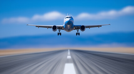 Fototapeta premium Airplane descends onto runway in photo-realistic style against clear blue sky and expansive terrain. Concept of airlines, travel industry, aviation services