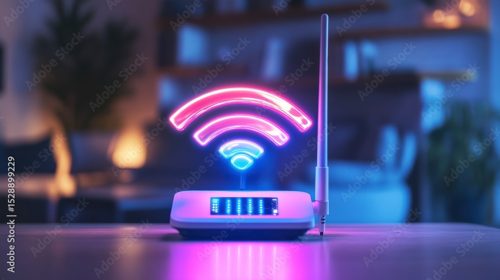 Aufkleber glowing wifi symbol above a wireless router on a table in a home.