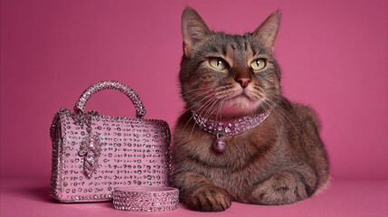 A tabby cat wearing a rhinestone collar posing with a rhinestone purse and bracelet on a pink background