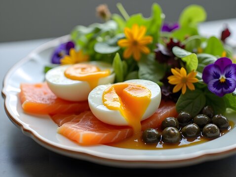 Smoked salmon and jammy soft-boiled free range egg and capers salad with edible borage and pansy flowers.