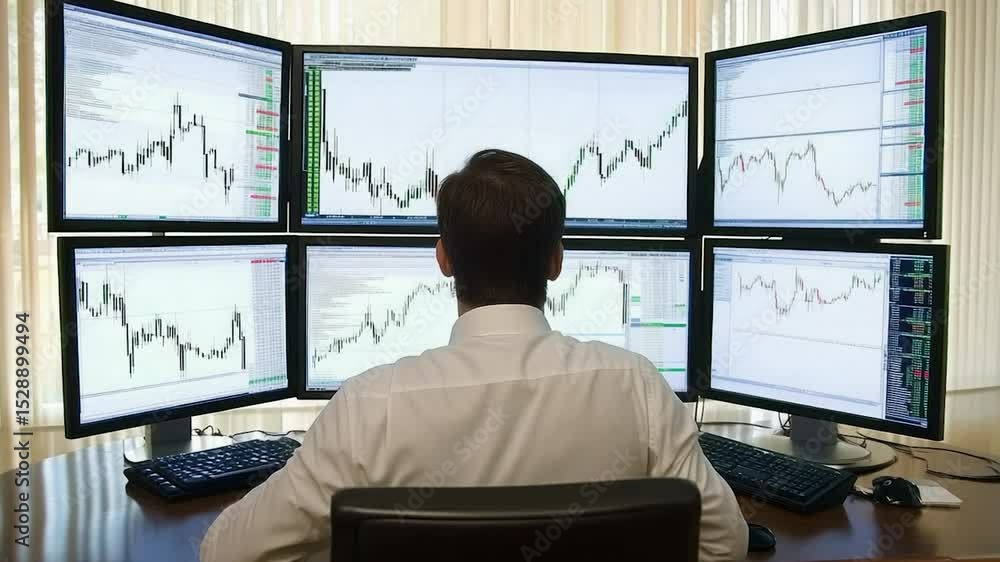 Poster Multiple computer screens displaying financial data.