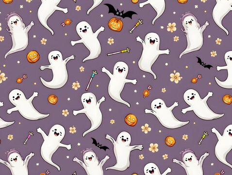 Cute ghost and candy seamless pattern for Halloween holiday. Halloween background for fabric, wrapping paper, textile, wallpaper and craft.