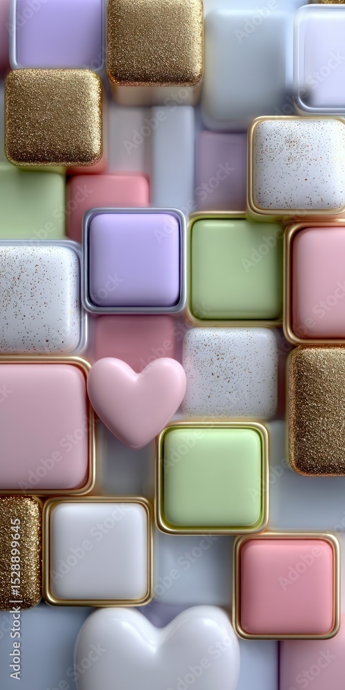 Poster pastel cube background abstract 3d render with hearts