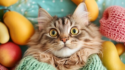An adorable cat nestled among colorful fruits and cozy textiles, capturing the essence of comfort, playfulness, and feline curiosity in a vibrant setting.