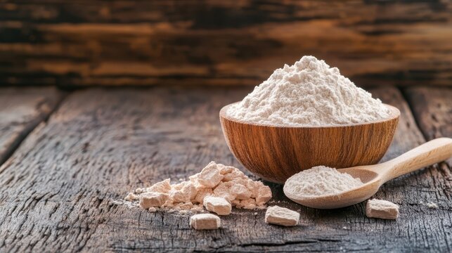 An artisanal presentation of flour in a wooden bowl, emphasizing the simplicity of culinary ingredients in a rustic wooden ambiance, ready for baking.