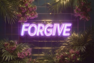 Purple Neon Forgive Sign  Tropical Plants  Tiles  Dark Mood