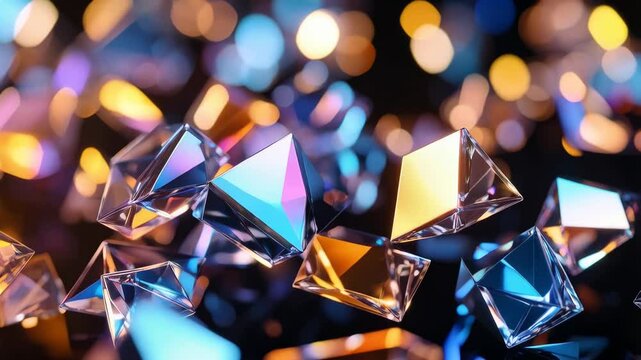 Floating collection of transparent multifaceted objects with colorful light, conceptual geometric crystal structure with refracted light patterns