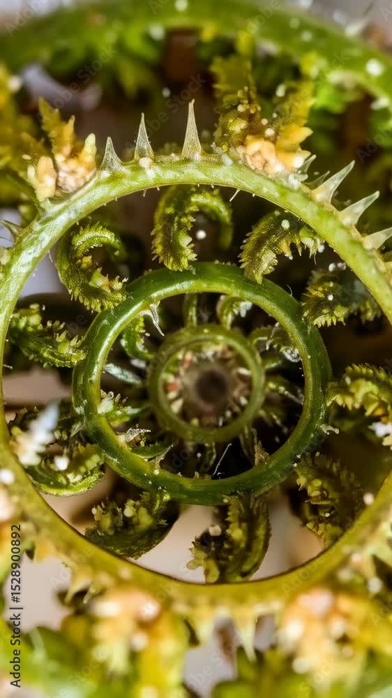 Poster unfurling fern frond macro close-up, spiral shape with small sharp points, nature's fibonacci sequen