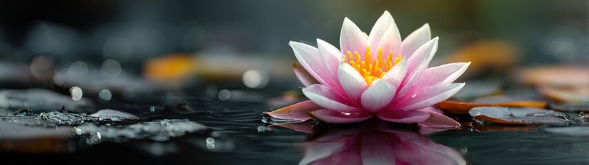 A beautiful pink and white water lily resting on a serene surface, showcasing delicate petals and vibrant yellow stamens. calming rhythms serenity patterns concept. High quality