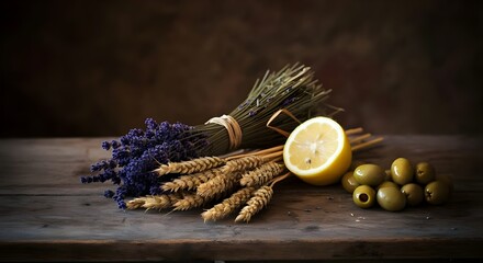 Natura morta o still life simbolo dell'estate: composizione con un mazzo di spighe di grano, lavanda, olive e limoni