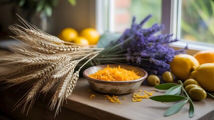 Natura morta o still life simbolo dell'estate: composizione con un mazzo di spighe di grano, lavanda, olive e limoni