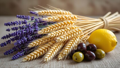 Natura morta o still life simbolo dell'estate: composizione con un mazzo di spighe di grano, lavanda, olive e limoni