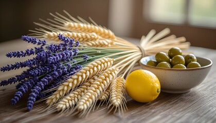 Natura morta o still life simbolo dell'estate: composizione con un mazzo di spighe di grano, lavanda, olive e limoni