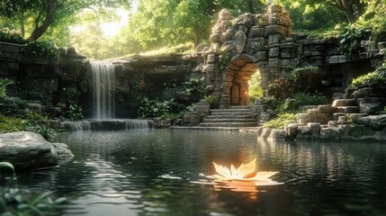 Idyllic Waterfall Flowing Under Stone Bridge Reflecting Sunlight in Tranquil Garden