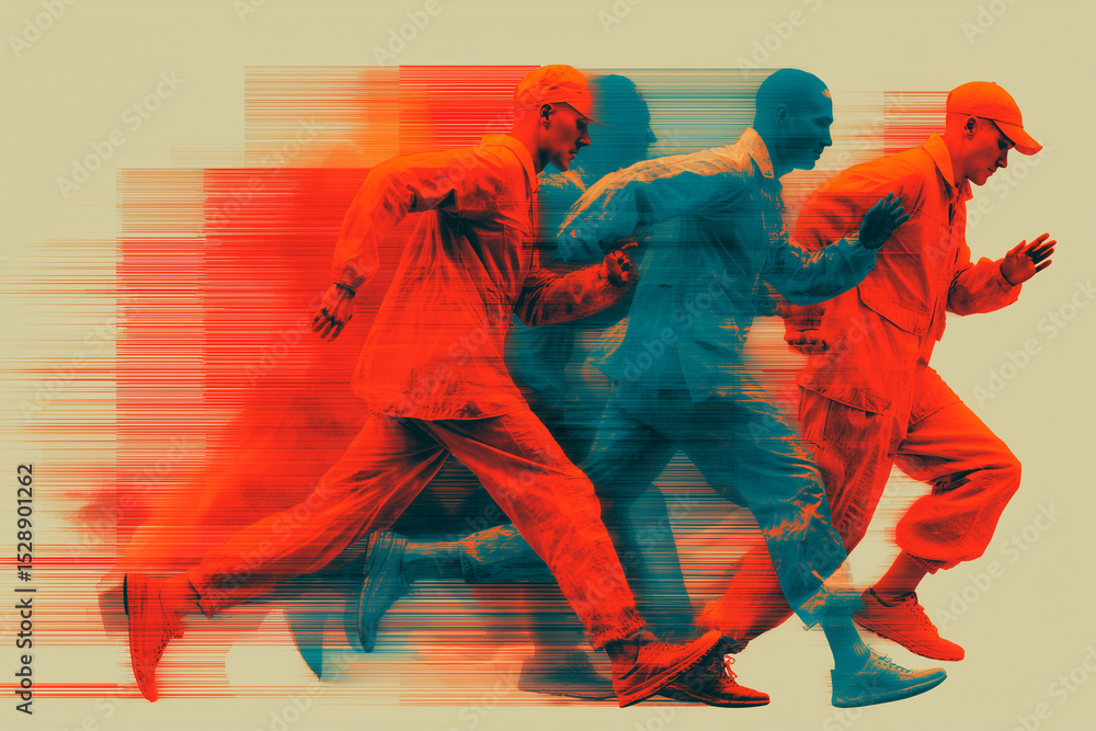 Poster dynamic abstract runners in motion, showcasing vibrant blend of colors and glitch effect that captur