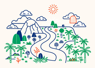 Colorful Outline Illustration of a Tropical Landscape