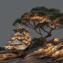 Fototapeta premium Serene Japanese Castle at Dusk Golden Hills Illuminated Architecture Tree