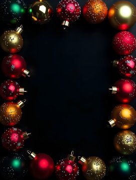 Colorful assortment of Christmas ornaments arranged in a decorative frame on a dark background