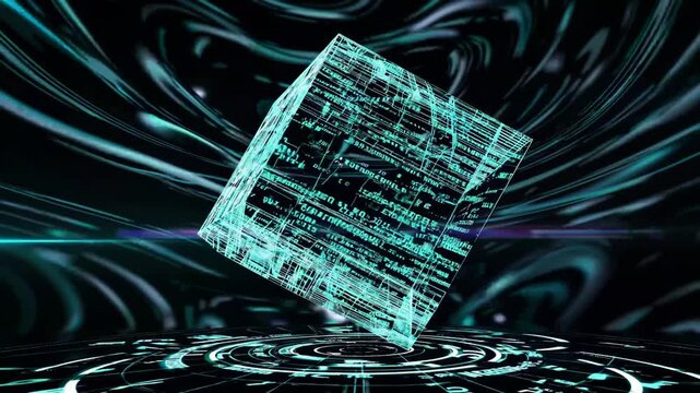 Futuristic code cube rotating in cyberspace