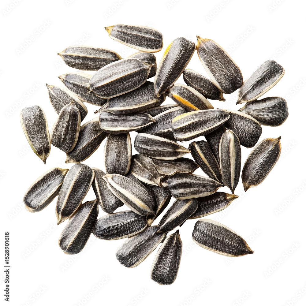 Poster sunflower seeds scattered on a transparent background, showcasing their unique shape and texture in 