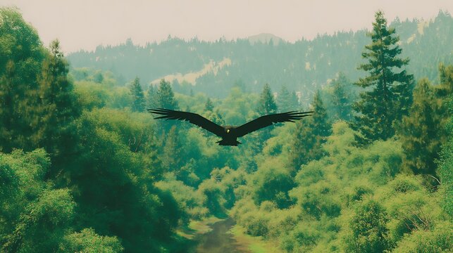 Eagle soars above forest in hazy light - Powered by Adobe