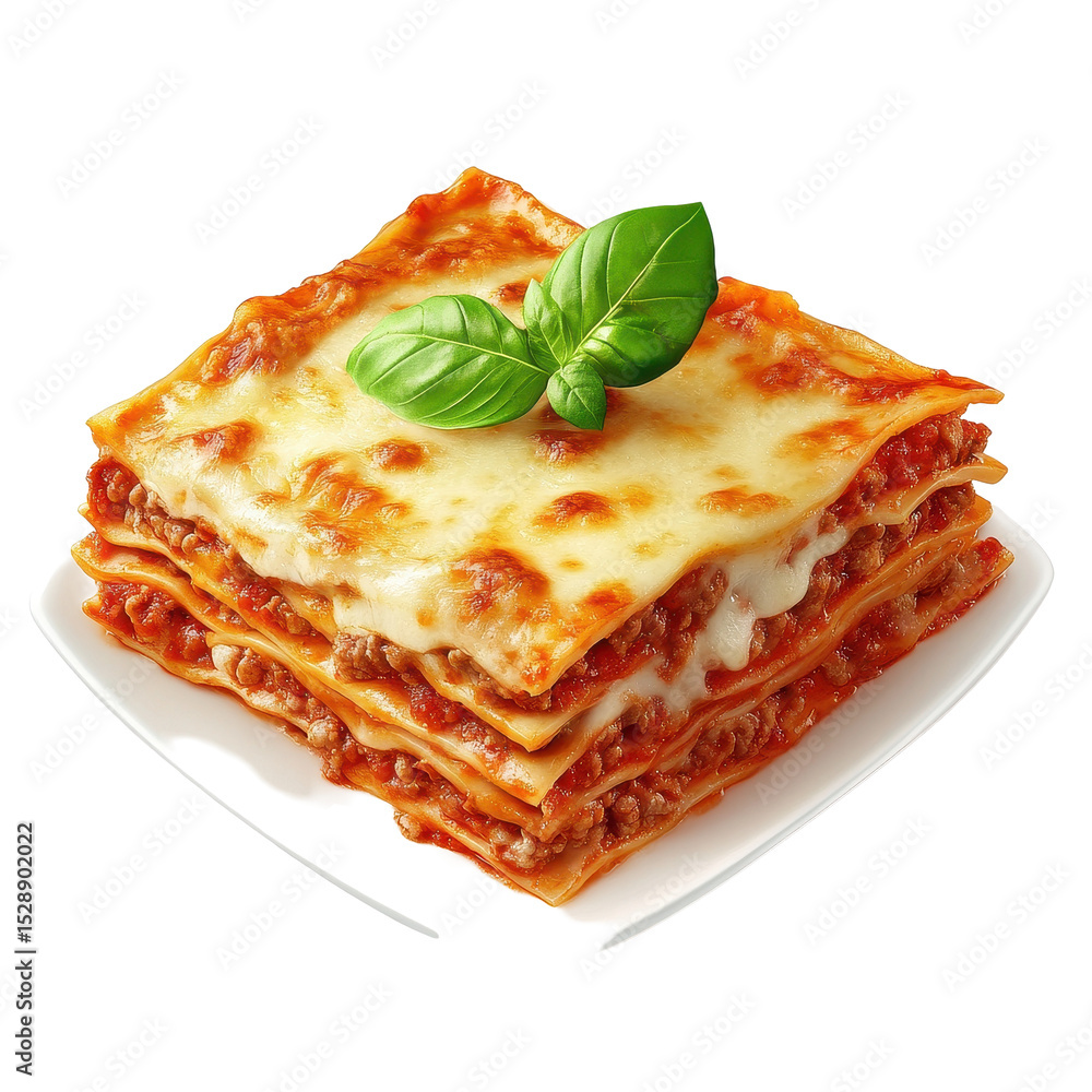 Poster delicious layers of homemade lasagna with cheesy topping and basil garnish on a transparent backgrou