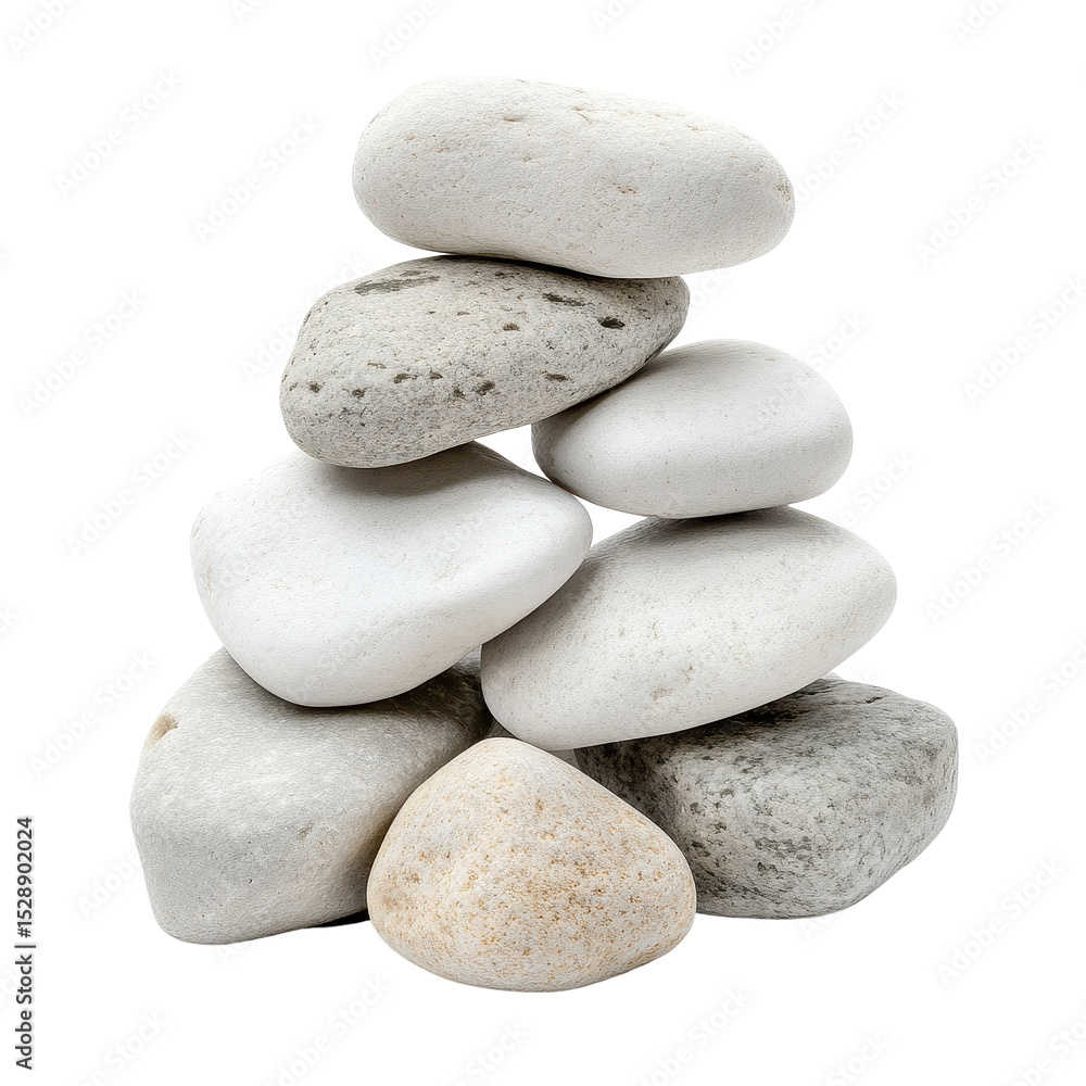Poster stacked white stones creating a serene and balanced structure against a clean transparent background