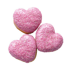 Obraz premium Delicious pink heart shaped donuts with sprinkles isolated on a clean Transparent background, Pink heart shaped donuts isolated on PNG background