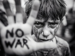 A young boy holds his hand up with the words NO WAR