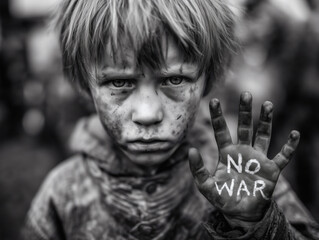 A young boy holds his hand up with the words NO WAR