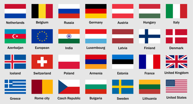 Collection of world national flags with country names. World country flags set. Set of international country flags. including USA, UK, India, Germany, France, and others. Vector illustration.