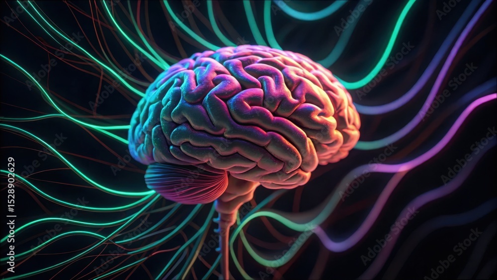 Poster Neon Brain Simulation with Dark Background and Vibrant Colors