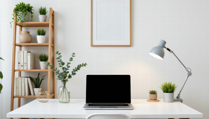 Modern workspace featuring sleek laptop on white desk, surrounded by decorative plants and stylish lamp. minimalist design creates calm and productive atmosphere