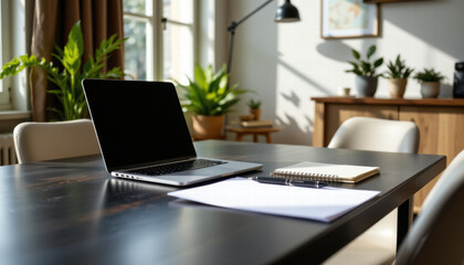 Modern workspace featuring laptop, notebook, and blank paper on wooden table, surrounded by lush green plants. bright, natural light creates warm and inviting atmosphere, perfect for productivity
