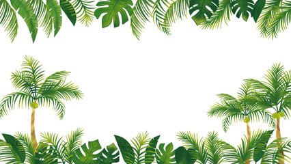 水彩風　トロピカル熱帯植物のセット飾りフレーム3（16:9）Summer Tropical Series:Watercolor Tropical Frame: Leaves,Palm Trees