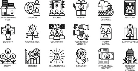Crowdfunding Icons  A Comprehensive Set of Vector Illustrations for Business, Finance, and Investment Projects, Perfect for Websites, Presentations, and Marketing Materials. 