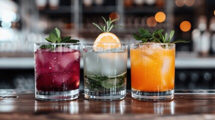 Fototapeta premium This vibrant image features an assortment of colorful cocktails in chic glassware, each garnished with fresh herbs and fruits, perfect for enticing a fun, festive mood.