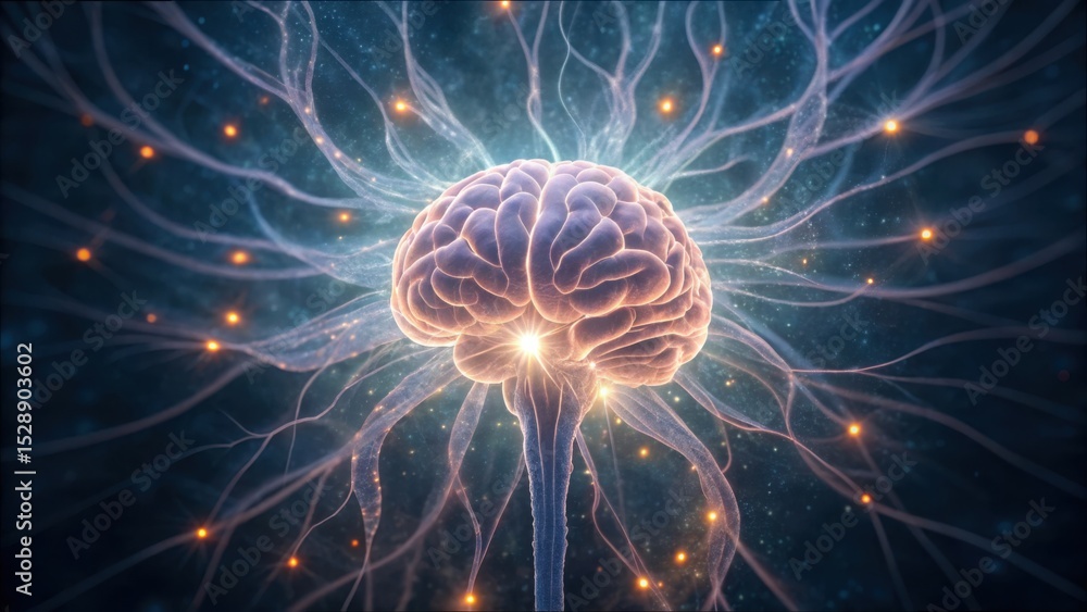 Poster Illuminated Brain with Glowing Tendrils Representing Neural Activity