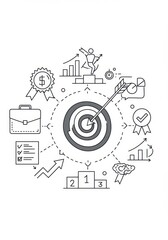 Fototapeta premium Line art illustration of business target with arrow and surrounding icons on a white background