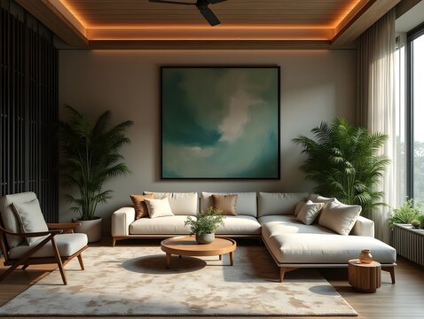 Stylish living room with greenery and natural light in modern design