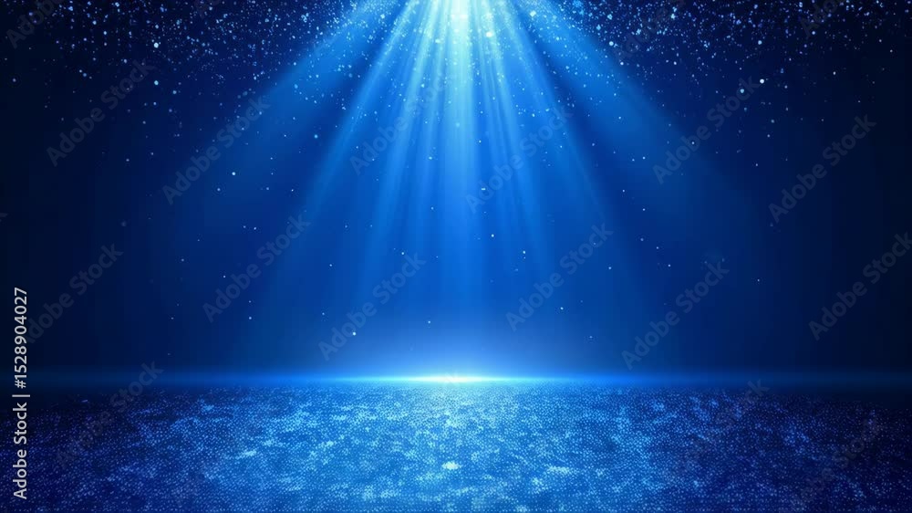Poster elegant blue background featuring a spotlight illuminating a surface of sparkling light particles, c