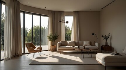 Minimalistic room with natural light and beige decor. generative.ai