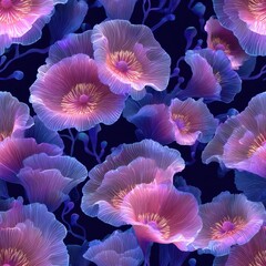 Vibrant glowing abstract floral seamless pattern on dark background.