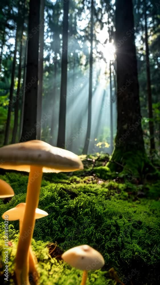 Aufkleber illuminated mushrooms growing in a lush mossy forest with sunbeams filtering through the trees creat